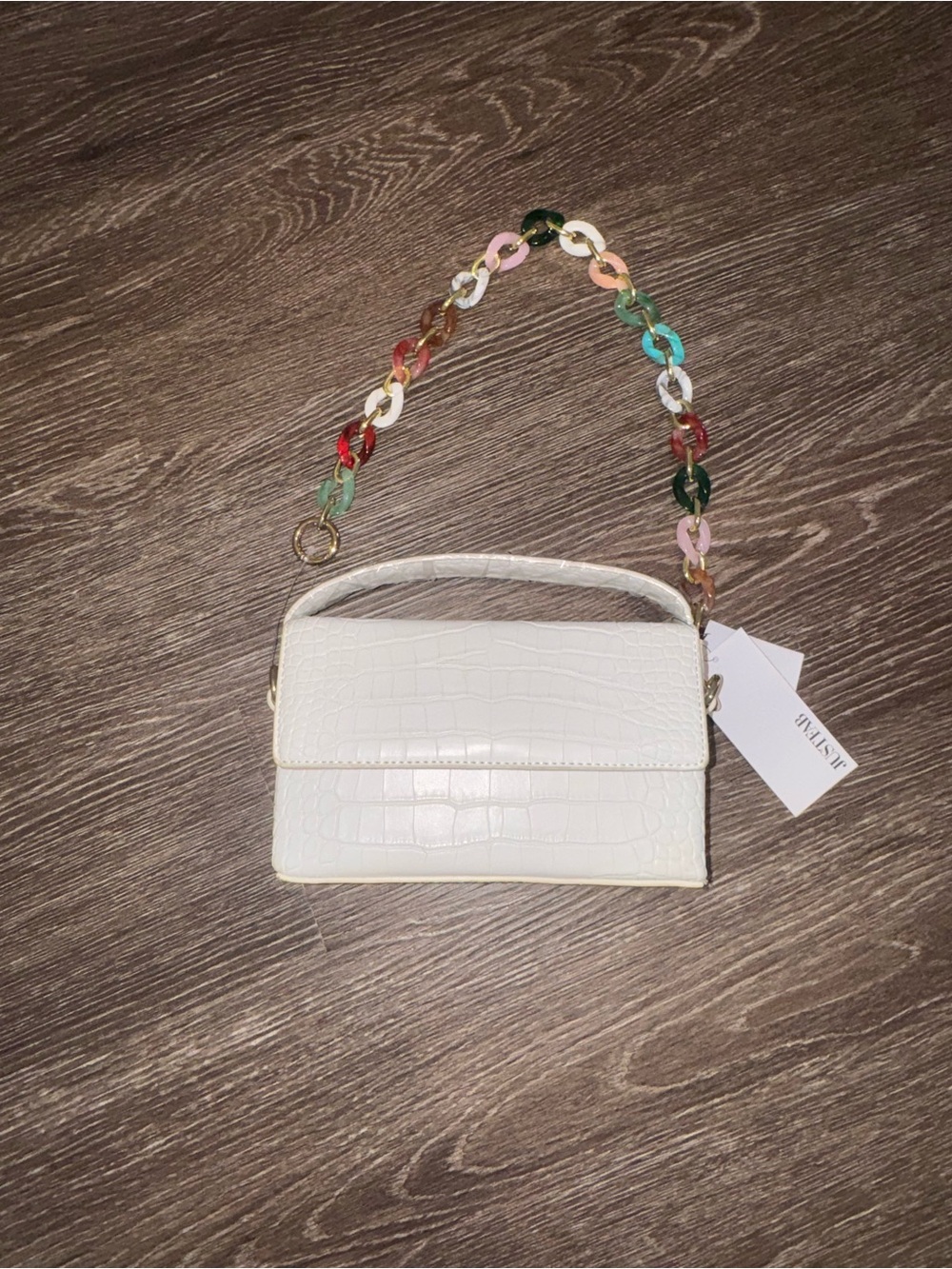 JustFab White Croc-Embossed Shoulder Bag with Multicolor Chain Strap